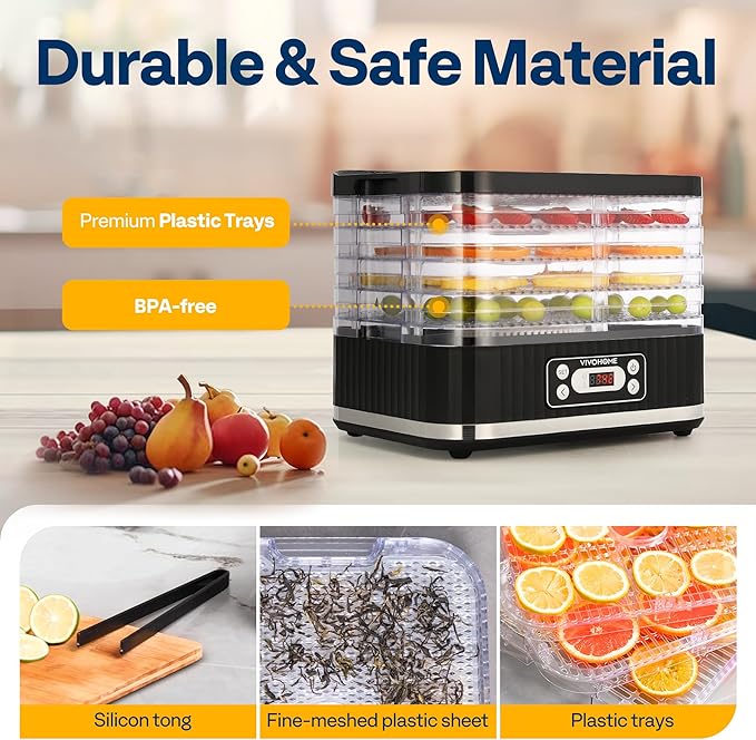 VIVOHOME Electric 5 Trays Food Dehydrator Machine, 400W Hydrator Machine with 72H Digital Timer and Temperature Control for Fruit Vegetable Meat Jerky Herb Beef Mushroom, Black