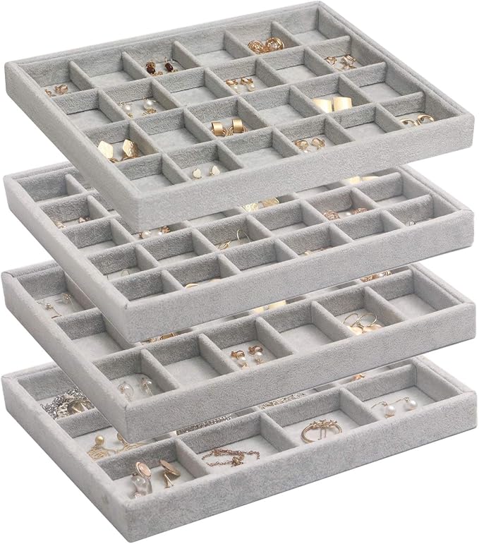 DIOMMELL Set of 4 Stackable Velvet Jewelry Trays Organizer, Jewelry Display Storage Box Showcase Holder Dresser Drawer Organizer for Earring Necklace Bracelet Ring Accessary, Grey