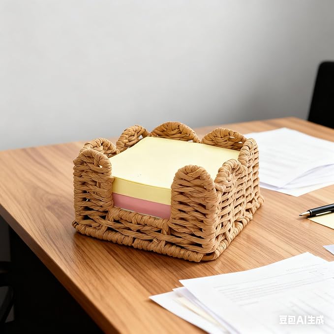 Sticky Note Holder, 3 x 3 Inch Paper Rope Woven Sticky Note Dispenser, Post It Note Dispenser for Office Desk Accessories, Memo Pad Holder Dispenser Organizer for School Office Desk Supplies