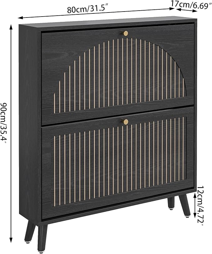Fsbecl Shoe Storage Cabinet for Entryway with 2 Flip Drawers, Narrow Wood Shoe Cabinet with Fluted Panel, Freestanding Hidden Shoe Organizer for Foyer, Hallway (Black - No Shelf)