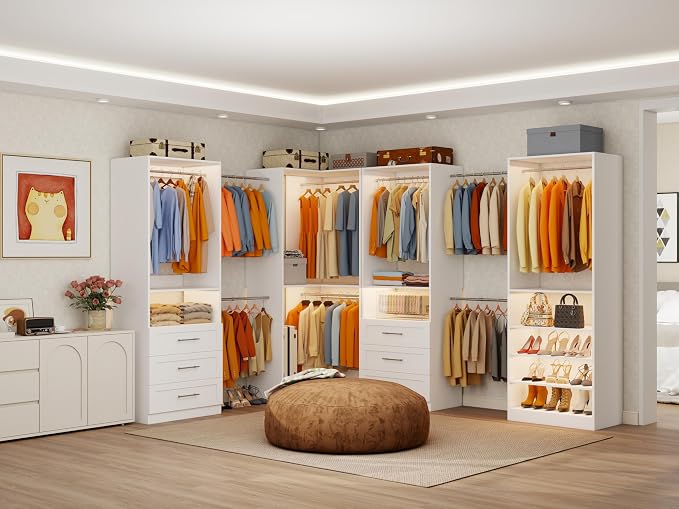 Closet System with 6 Wooden Drawers, 4.5-21.6FT L-Shaped Corner Organizer Systems with 6 Shelves & 9 Hanging Rods, Modular Closet Storage System for Walk in Closet, 2800+ Lbs Capacity,4 Sets
