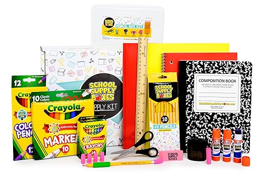 School Supply Boxes | K-5 Case (4 Boxes) | Back to School Essentials Kit for Students & Teachers | Includes Wide-Ruled Paper Products, Crayons, Markers, Colored Pencils, & More