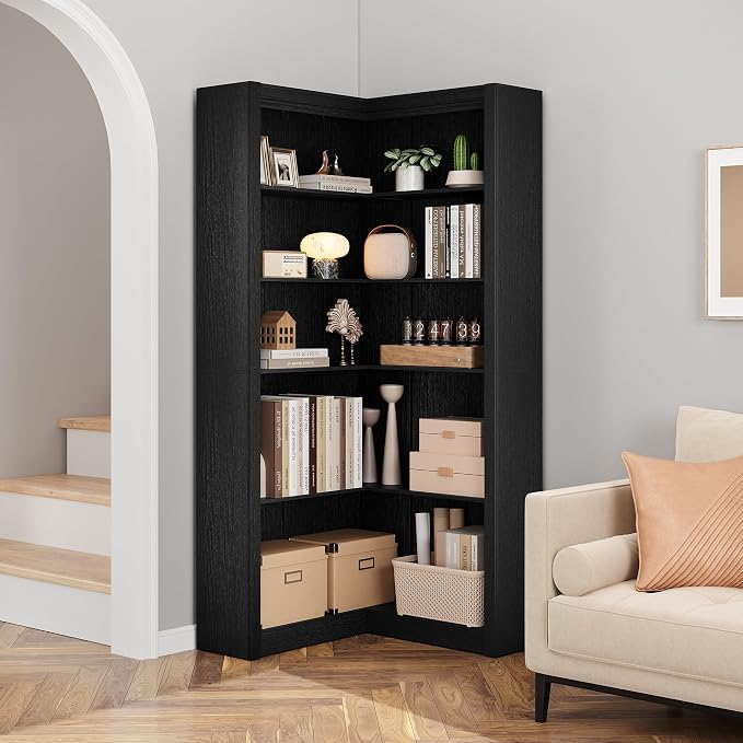 GarveeHome Corner Bookshelf Black, 71.8 in Black Corner Bookcase, L-Shaped Bookshelf Farmhouse Bookcase, 5 Tier Display Shelf Heavy Duty Bookcases, Bookshelves with Storage