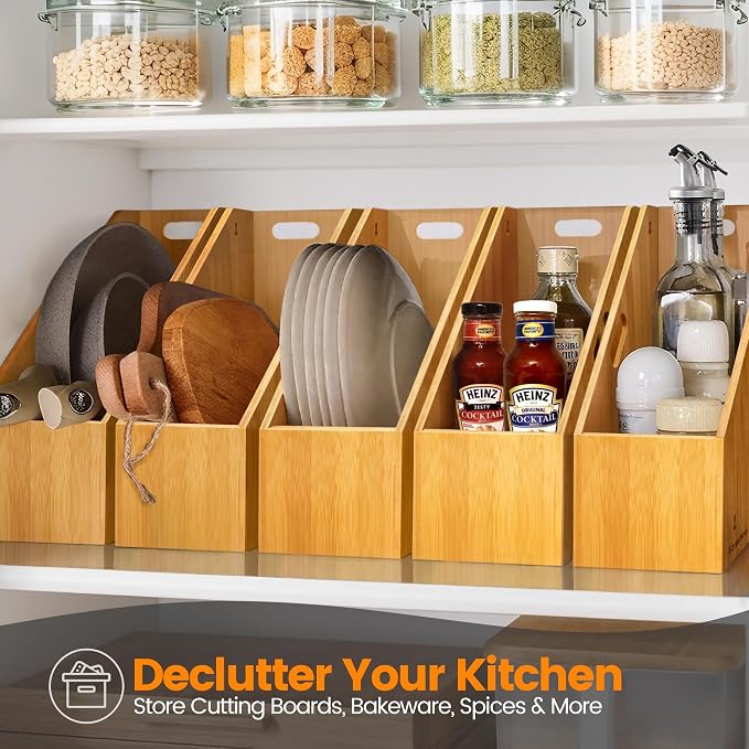 Libreshine Slim Bamboo Cutting Board Holder & Baking Sheet Organizer | Open-front design keeps small to medium boards and bakeware upright; size: 12.6 x 4.9 x 10.5 in. Measure before purchase