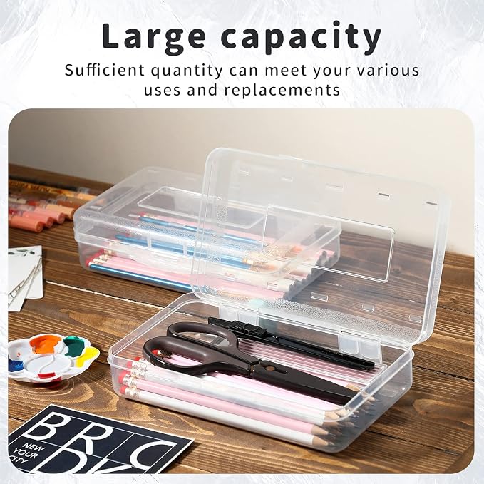 Blulu 6 Pack Large Plastic Pencil Case Box Clear Pencil Boxes Bulk Hard Crayon Box Storage with Snap Lids 8.1 x 4.7 x 2.2 Inch Painting Organizer Classroom Stationery School Supplies (Clear)