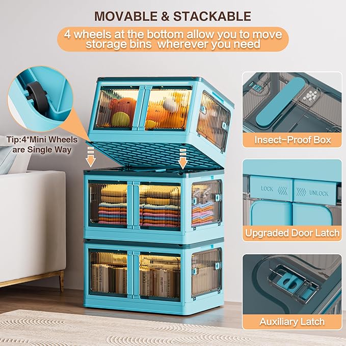 148QT Large Storage Bins with Lids, 36.9 Gal Plastic Stackable Storage Bins with Doors & Wheels, 5-Open Ways Collapsible Storage Bins for Closet Organizers and Storage-Room Office Livingroom Dorm