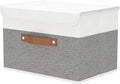 OUTBROS Large Fabric Storage Box with Lids, Foldable Linen Wardrobe Containers, Organiser For Towels, Clothes, 17.7 x 11.8 x 11.8 inch (White/Grey, 1-Pack)