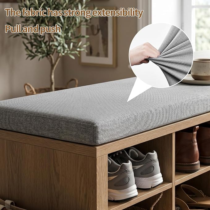 Shoe Storage Bench with Cushion Shoe Rack for Entryway 16 Cubby Multifunctional Organizer Bench Entryway with Soft Sponge Cushion for Hallway Living Room Bedroom (Wood & Light Gray)