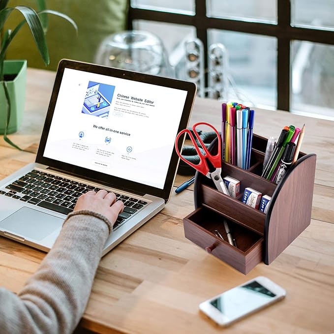 Siveit Wooden Desktop Organizer with Drawer, Multifunctional Office Supply Storage - Remote Control Caddy Holder