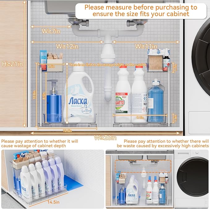 Yieach 2 Pack Under the Sink Organizer for Under Bathroom Sink,14.5″ Deep Sliding Inder Sink Organizer for Kitchen Cupboard,2 Tier Undersink Organizers for Vanity,Under Counter Storage Organization