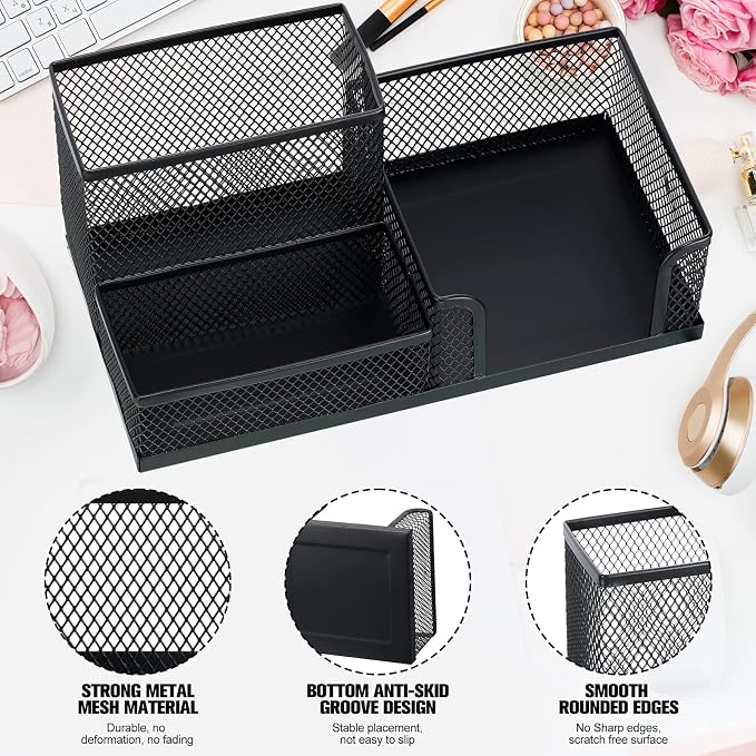 Ferraycle 4 Pcs Mesh Desk Organizer 3 Compartments Mesh Pen Holder Sticky Notes Pencil Holder Metal Caddy Desk Pen Organizer for Desktop Accessories Storage Baskets Home Office School(Black)