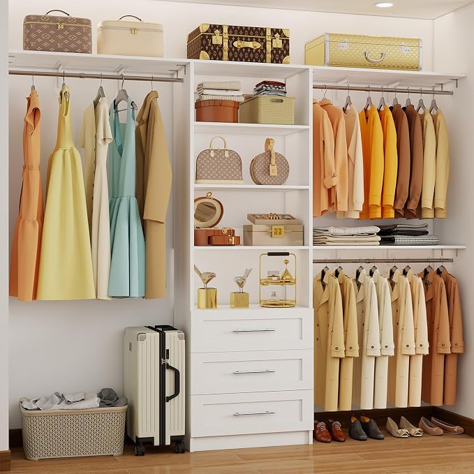 Closet System with Drawers, 4-8FT Closet Organizer System with Cuttable Shelves & 3 Expandable Hanging Rods, 96” Walk in Closet Organizer Storage System, Modular Closet Systems Adjustable, White