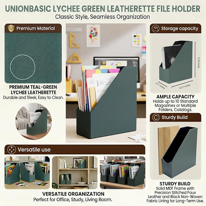 UnionBasic Magazine File Holder, Leatherette Desktop Document Organizer, Home Office Paper Holder File Storage Literature Sorter, Dark Ivy