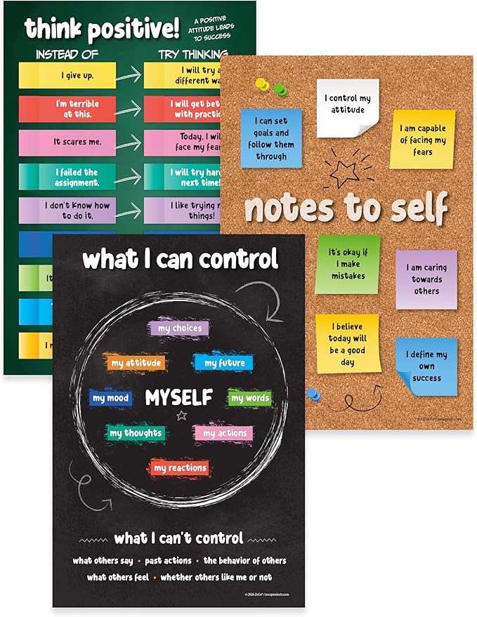 ZOCO – Social Emotional Learning Posters for Teens (3-Pack) – Laminated 12x18 – Growth Mindset Mental Health Mindfulness & SEL Wall Art for Classrooms Counseling Therapy or School Counselor Offices