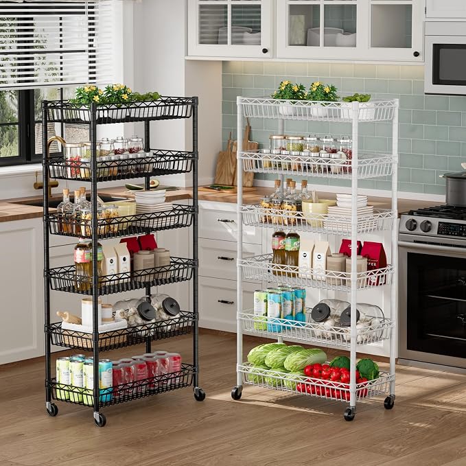 Golpart Basket Shelves Closet Rack with Wheels Metal Pantry Wire Shelf Unit | 6 tier Storage Rolling Shelving Bathroom Organizers Kitchen Garage Laundry Room Organization Home 30"Dx13.6"Wx65"H Black