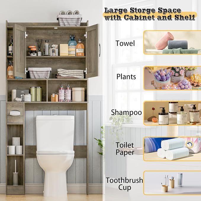 Vabches Over The Toilet Storage Cabinet with 2 Barn Doors, Grey | Farmhouse Storage Cabinet with Toilet Paper Holder Stand，Home Space-Saving Toilet Rack, for Bathroom, Restroom, Laundry