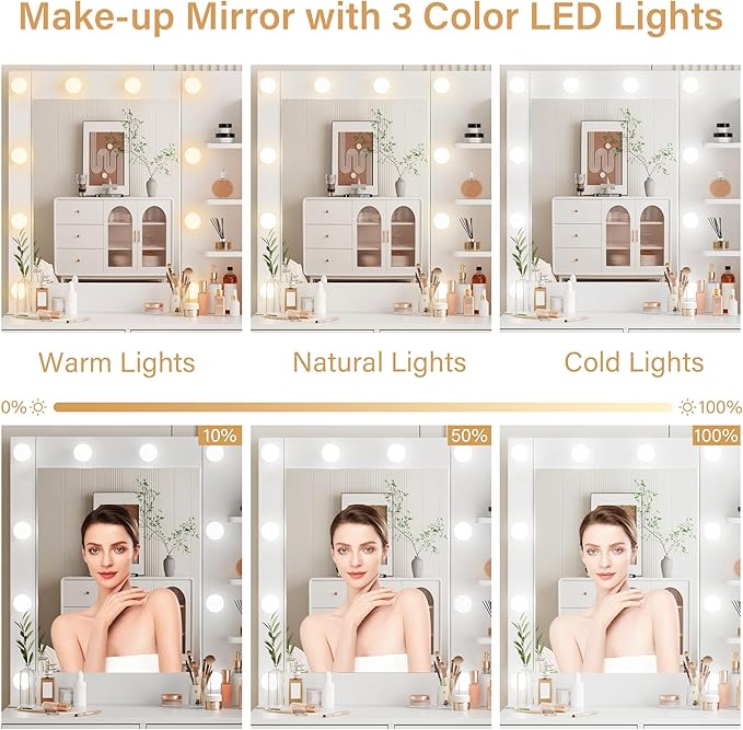 YIKEHOME 42 Inchs Vanity Desk with Large Mirror and Hollywood Bulb Design Lights, Women Makeup Vanity Table with Power Outlet, 6 Drawers & Storage, 3 Lighting Color Adjustable for Bedroom