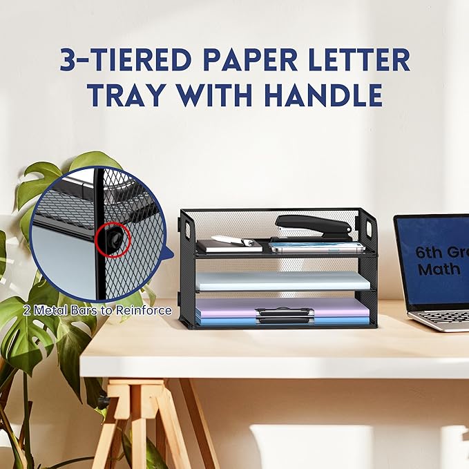 Supeasy 3 Tier Paper Organizer with Handle, Mesh Desk Organizer Letter Tray, Paper Tray File Organizer for A4 File Folder, Black, 2 Pack