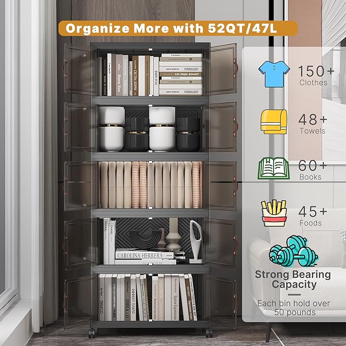 UAMFURI Stackable Storage Bins with Lids 240QT-48QT*5Pack Folding Storage box with Doors and Wheels, Collapsible Plastic Bins Stackable Organizer and Containers for Home, Garage, Office