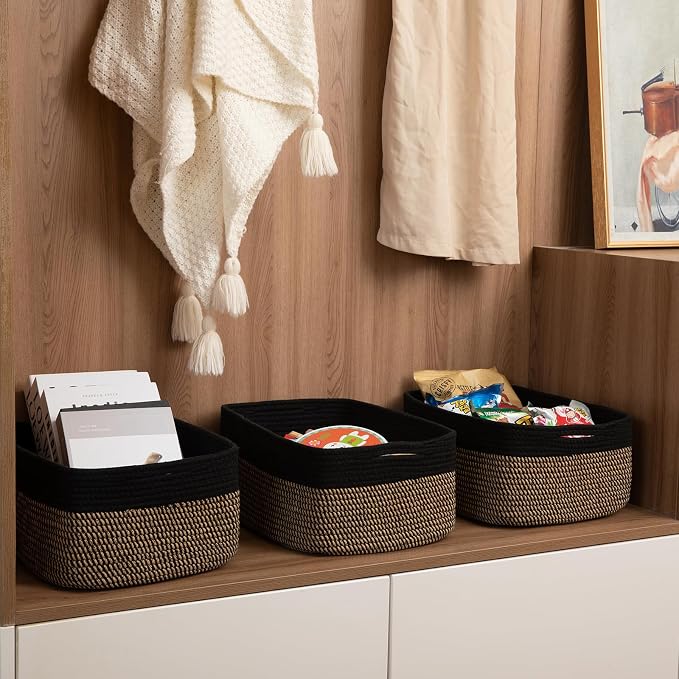 OIASKET Storage Baskets for Organizing 3 Pack, Woven Baskets for Shelves, Closet Organizer Bins Empty Gift Basket Toy Storage for Toys, Books, Towels, Clothes, 15"x11.42"x6.7", Black & Yellow