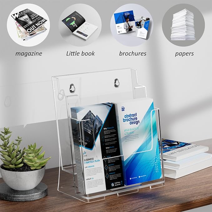 FUCDTEFC 2 Pack Acrylic Brochure Holder 8.5x11 & 4 x9 Inches, Clear 2 Tier Literature Magazine Stand Brochure Display Stand w Removable Divider Universal, Flyer Holder for Wall Mount or Countertop