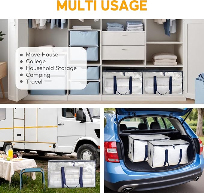 HealSmart 6 Pack Large Moving Bags with Zippers & Handles, Moving Supplies with lids, Heavy Duty Totes for Space Saving, Fold Flat, Moving and Storing, Clear