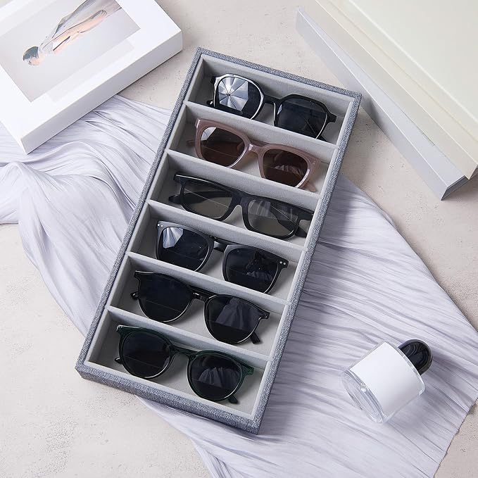 Juexica 4 Pcs Velvet Sunglasses Organizer Tray 6 Grid Sunglass Organizer Velvet Tray Stackable Glasses Display Case for Women Glasses Jewelry Display Watch (Gray)
