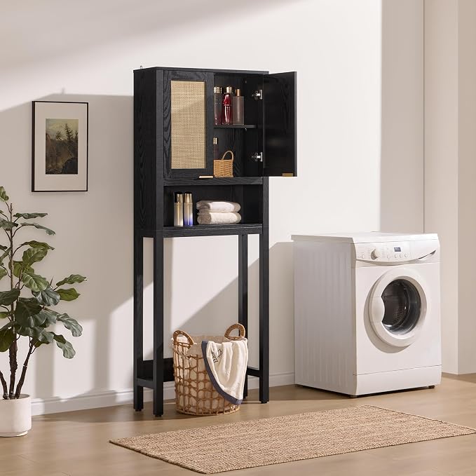 SICOTAS Over the Toilet Storage Cabinet, Rattan Door Bathroom Organizer | Freestanding Bathroom Organizer with Adjustable Shelf, Over Toilet Storage Cabinet for Bathroom, Laundry Room, dnd Restroom