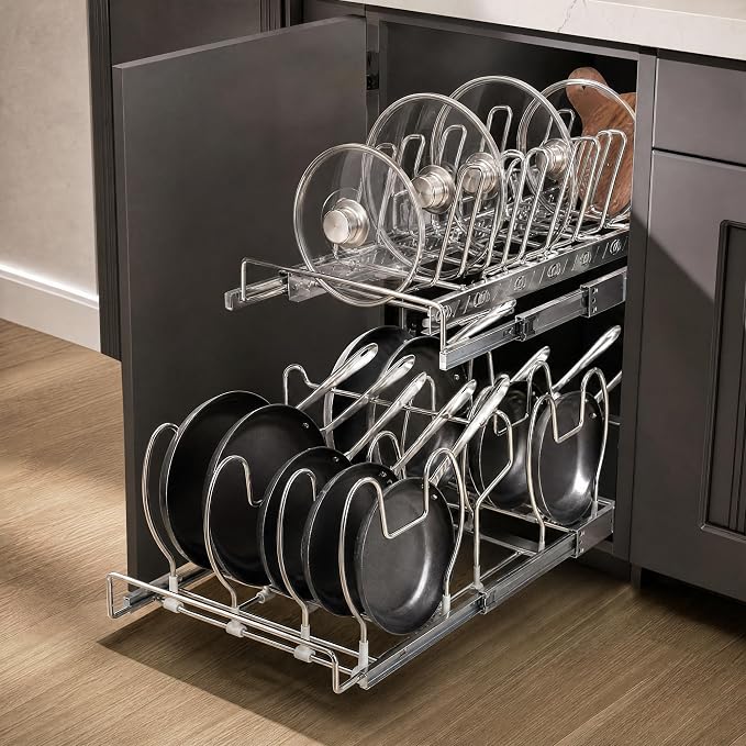 Garvee 2 Tier Pull Out Pots and Pans Organizer, 12" W *22.5" D | Adjustable Dividers, Slide Out Cookware and Storage Organizers for Kitchen Cabinets, Pot and Pan Holder Rack
