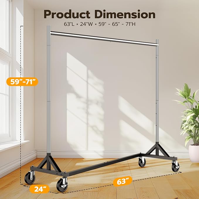 HOKEEPER Z Rack for Clothes Heavy Duty Clothing Rack Hold 500 LBS Commercial Garment Rack with Wheels Rolling Portable Clothes Rack for Bedroom, Laundry Room, Balcony 24" D x 63" W x 71" H, 2 Packs