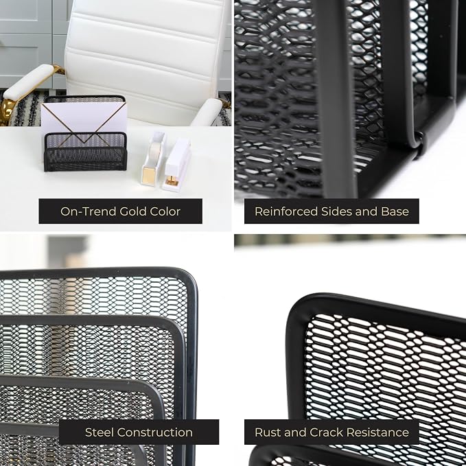 BLU MONACO Black Metal Mesh Letter Sorter | 3-Slot Mail Organizer for Desk, Office & Home | Vertical File & Envelope Holder with Non-Slip Base | Space-Saving Desktop Mail Organizer