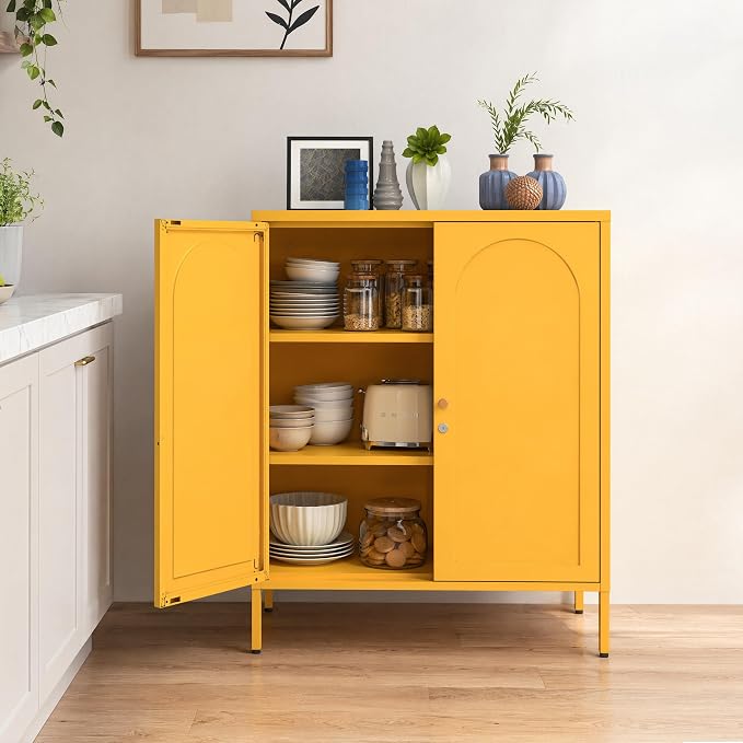 Yellow Lockable Metal Accent Storage Cabinet, 2 Door Freestanding Sideboard with Adjustable Shelves, Kitchen Organizer with Magnetic Doors for Dining Room Living Room Office