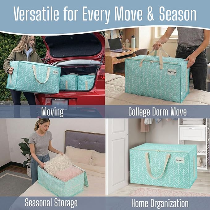 VENO 2 Pack Extra Large Heavy Duty Moving Bags with Wide Opening & Reinforced Handles, Reusable Storage Tote Bags with Strong Zippers for Clothes, College Dorm Essentials & Moving Supplies