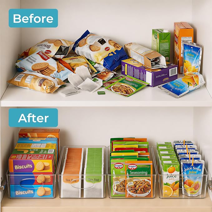 UFORU 5 Pack Clear Plastic Pantry Organizers and Storage with Handles | Non-slip Bottom Stability, Space-Saving Stackable Design, Clear Visibility, Thickened Plastic, Multi-Scene Storage Solutions