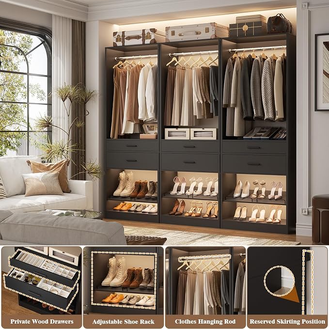 Unikito 25" W x 80" H Closet Organizer Storage with Hanging Rod and 2 Wooden Drawer, Adjustable Angled Shoes Rack, Sturdy Garment Racks, Walk-in Closet Tower for Bedroom, Mudroom, and Entryway, Black