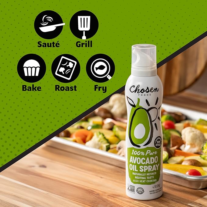 Chosen Foods Avocado Oil Spray, 4.7 Oz - All Purpose Cooking Spray made from 100% pure avocados - Non-GMO, Gluten-Free, Keto Friendly - 134g (Pack Of 2)