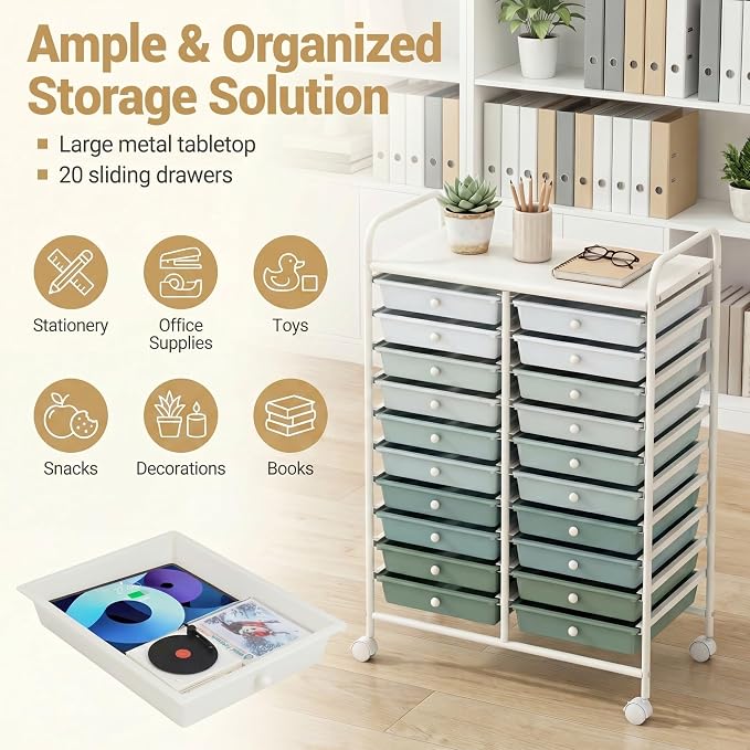 GOFLAME 20-Drawer Rolling Storage Cart, Art Craft Organizer Cart, Mobile Utility Storage Cart with Removable Drawers & Lockable Wheels, Craft Cart for Home Office School, Green Gradient