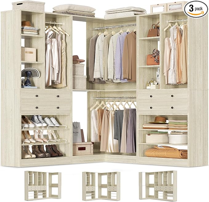 Closet System with 4 Drawers and Hanging Rods, 59.5"L / 87"L Closet Organizer System with Corner Tower, L Shaped Walk-in Closet System, Corner Closet System with Shelves, Set of 3, Greige Oak