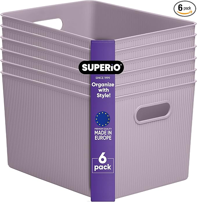 Superio Ribbed Collection - Decorative Plastic Basket Open Home Storage Bins Organizer, X-Large Lilac Purple (6 Pack) Container Boxes for Organizing Closet Storage Bins for Shelves 22 Liter/23 Quart