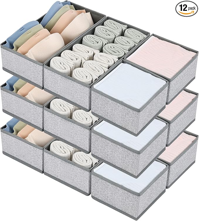 DIMJ Drawer Organizers for Clothing, Set of 12 Dresser Drawer Organizers, Fabric Closet Organizers and Storage, Drawer Dividers for Baby Clothes, Socks, Belt, Tie (Blended)