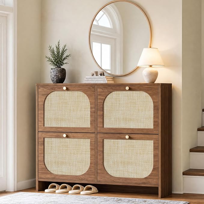 Nicetree Freestanding Ultra Slim Arched Rattan Accent Shoe Storage Cabinet for Entryway - 4 Flip Drawers & 3-Tier Adjustable Shelves, Farmhouse Modern Rustic Shoe Rack for Hallway, Foyer Oak