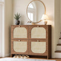 Nicetree Freestanding Ultra Slim Arched Rattan Accent Shoe Storage Cabinet for Entryway - 4 Flip Drawers & 3-Tier Adjustable Shelves, Farmhouse Modern Rustic Shoe Rack for Hallway, Foyer Oak