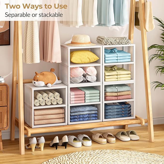 DAOUTIME 4-Tier Stackable Closet Organizers and Storage Shelves, Closet Storage Basket with Wood Tops Extra Storage, Clothes Sweaters Organizer Bins/Cube Storage Drawer for Home Wardrobe, White