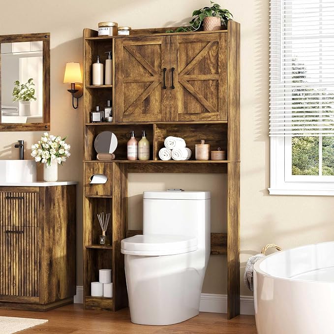 Vabches Over The Toilet Storage Cabinet with 2 Barn Doors, Rustic Brown | Farmhouse Storage Cabinet with Toilet Paper Holder Stand，Home Space-Saving Toilet Rack, for Bathroom, Restroom, Laundry