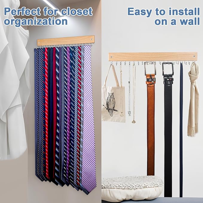 Belt and Tie Organizer for Closet, Tie and Belt Rack Wall Mounted with 20 Storage Hooks, Non Slip 180 Degree Rotating Tie Holder Belt Hanger for Closet/Wall Mount