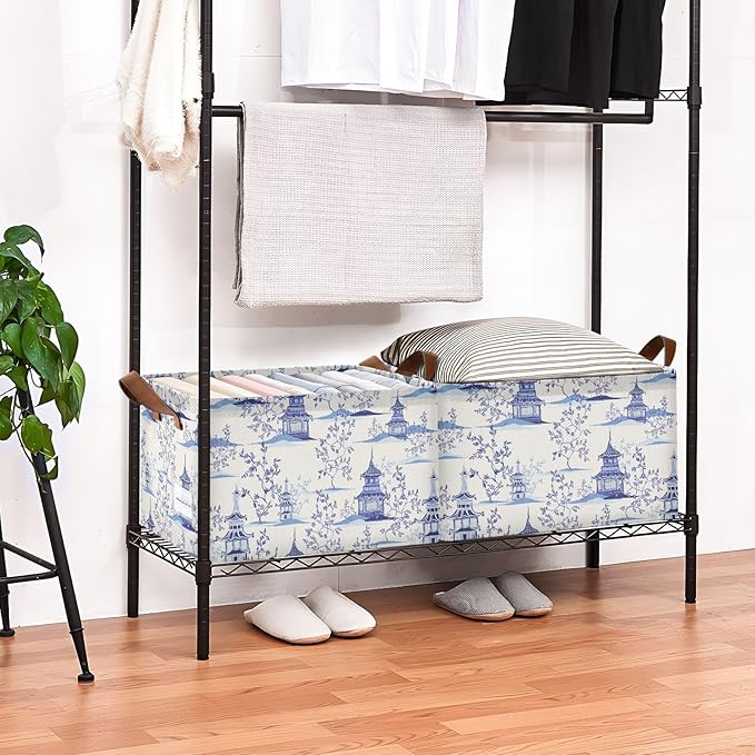 Chinoiserie Padogas Willow Tree Blue Storage Basket Foldable Cube Storage Bins with Handles&Label Waterproof Collapsible Organizer Box Bin Large Rectangle Decorative Baskets for Shelves Home Room