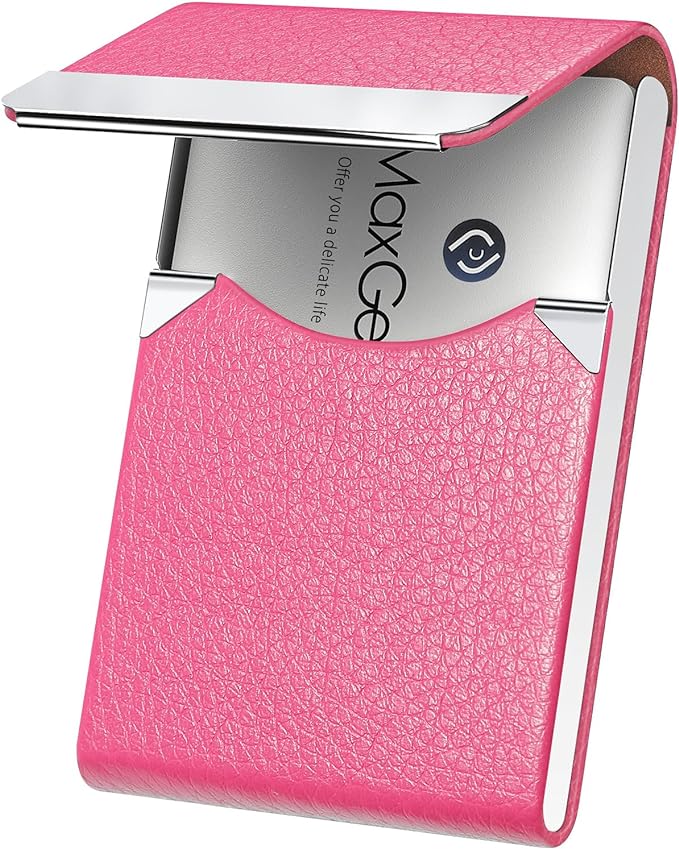 MaxGear Business Card Holder, PU Leather Business Card Case, Rose Red | Stainless Steel Interior, Magnetic Closure, RFID Blocking, Holds 15–25 Standard Business Cards
