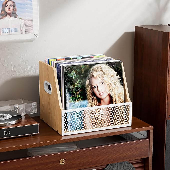 Vinyl Record Storage, Wooden Crate for Record Holder Album Storage for 7/10/12 inch 60+ Vinyl Magazine File Holder Natural Beige