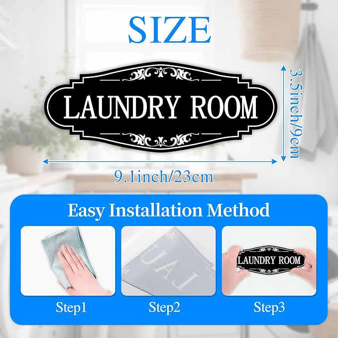 Laundry Room Door Sign for Business and Home，Self-adhesive Waterproof Cute Laundry Room Door Sticker Decals for House, Apartment, Hotel Laundromat Decor（Black）