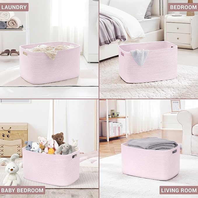 60L Woven Laundry Basket Hamper with Handles, Pink | 21"x15"x11", collapsible wicker hamper, storage for dirty clothes, toys, blankets, gifts, living room, bedroom, bathroom